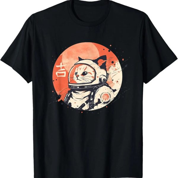 Gato astronauta usando um capacete espacial com logotipo da NASA, em estilo artístico com um fundo lunar laranja.