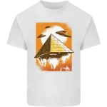 Ilustração de uma pirâmide futurista flutuante cercada por OVNIs em um céu laranja com fogo abaixo, estilo ficção científica.