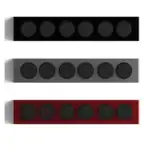 Trois panneaux de contrôle scientifiques colorés avec boutons ronds, en noir, gris et rouge, parfaits pour la décoration de laboratoire ou d'espace scientifique.