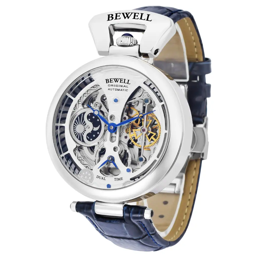 Montre Skeleton BEWELL Montre skeleton automatique BEWELL avec mouvement visible, boîtier en acier inoxydable, cadran transparent, et bracelet en cuir bleu, alliant style et précision horlogère.