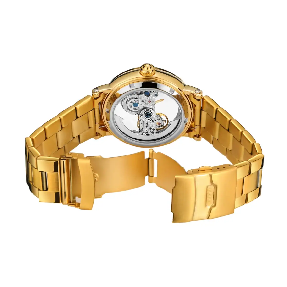 Montre mécanique dorée avec bracelet en acier, vue arrière.