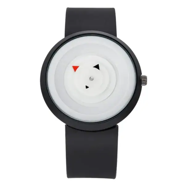 Relógio científico moderno com mostrador minimalista, exibição única com pontos e setas, pulseira preta, design clean para amantes de ciência e decoração inovadora.