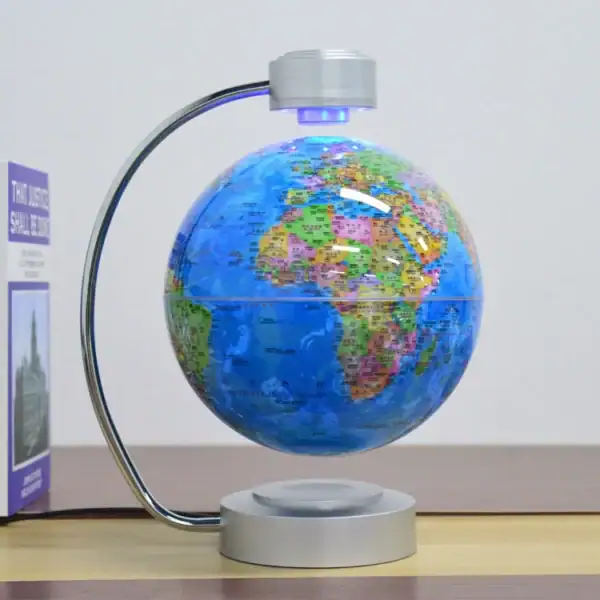 Globo terrestre científico luminoso com LED, exibindo continentes e oceanos em cores vivas, ideal para decoração educativa ou de escritório.