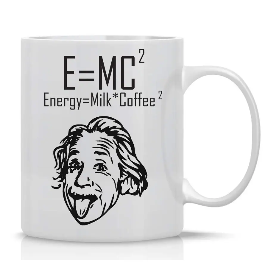 Tasse scientifique avec Einstein et formule E=MC² Tasse en céramique avec illustration d'Einstein et la formule célèbre E=MC², humoristique et scientifique, idéale pour les amateurs de science et de physique.