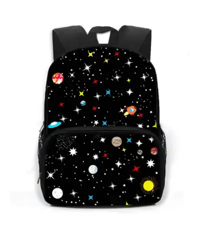 Sac à dos enfant avec motif planètes et étoiles du système solaire.