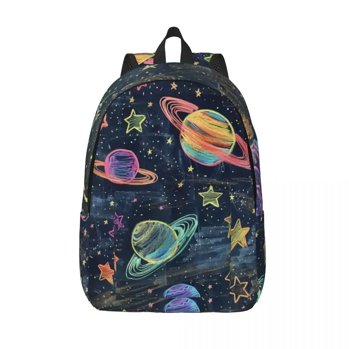 Sac à dos cosmos pour enfants | Décoration scientifique Sac à dos avec motif planètes et étoiles colorées sur fond noir, idéal pour les amateurs d'astronomie et de sciences. Parfait pour l'école ou les activités en plein air.