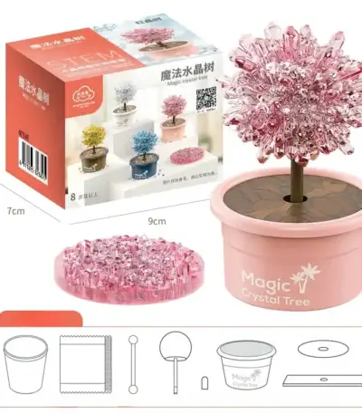 Arbre en cristal magique dans un pot rose, décoration scientifique et ludique pour la maison ou le bureau, avec kit d'assemblage inclus.