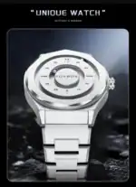 Montre scientifique innovante sans miroir, design moderne en acier inoxydable, affichage minimaliste, idéale pour les amateurs de science et de décoration moderne.