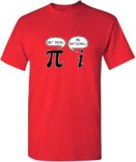 T-shirt rouge avec symbole pi et lettre i, illustrant la science et la rationalité, parfait pour les amateurs de mathématiques et de sciences.
