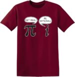 T-shirt rouge avec symbole Pi et symbole "i" discutant, slogans "Get real!" et "Be rational!".