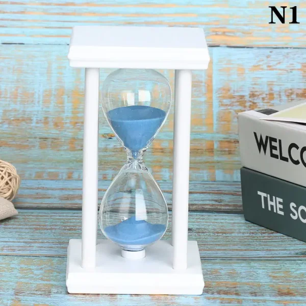 Relógio ampulheta em vidro com areia azul, decoração científica elegante para escritório ou prateleira.