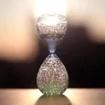 Suporte para ampulheta em vidro soprado transparente com bolhas de ar, elegante e decorativo, ideal para decoração científica ou como objeto de coleção.