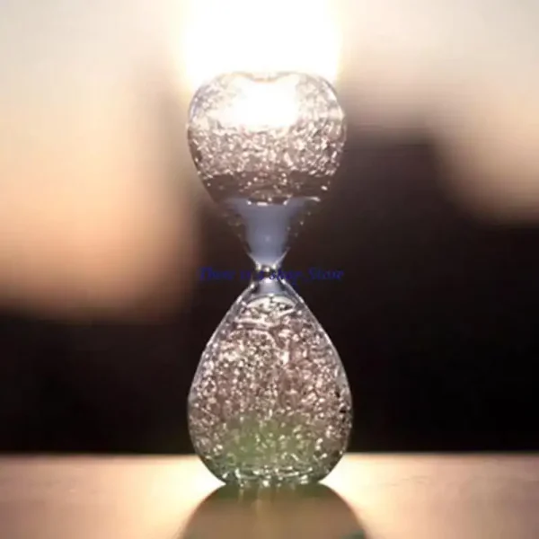 Suporte para ampulheta em vidro soprado transparente com bolhas de ar, elegante e decorativo, ideal para decoração científica ou como objeto de coleção.