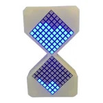 Painel luminoso LED em forma de ampulheta com quadrados azuis iluminados, ideal para decoração científica ou moderna.