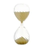 Ampulheta científica em vidro transparente com areia bege, ideal para decoração de escritório ou laboratório.
