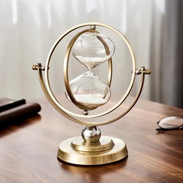 Ampulheta científica decorativa em metal dourado com duas lâmpadas de vidro, símbolo do tempo e da ciência, ideal para decoração de escritório ou prateleira.