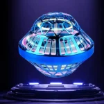 Modelo de nave espacial em vidro com iluminação LED multicolorida, exposto sobre uma base preta, ilustrando um objeto científico decorativo e futurista.