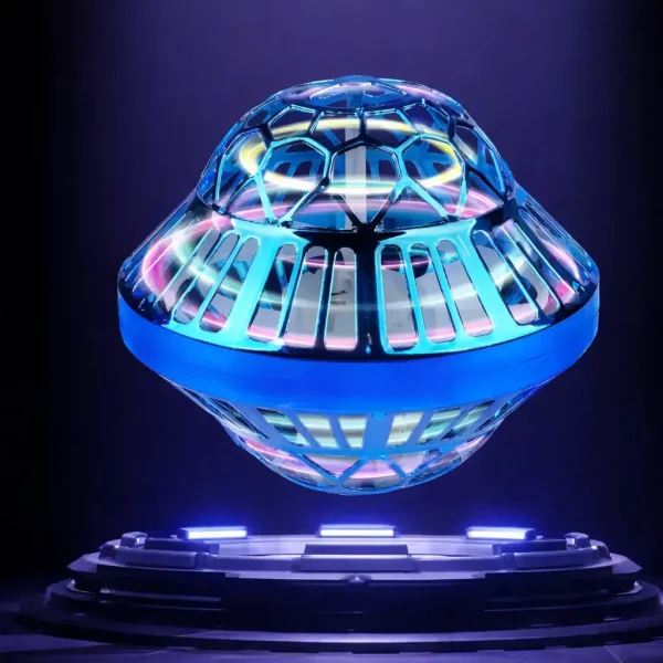 Modelo de nave espacial em vidro com iluminação LED multicolorida, exposto sobre uma base preta, ilustrando um objeto científico decorativo e futurista.