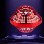 Bola voadora em plástico vermelho com design geométrico, concebida para jogo e decoração, inspirada no estilo científico e lúdico.