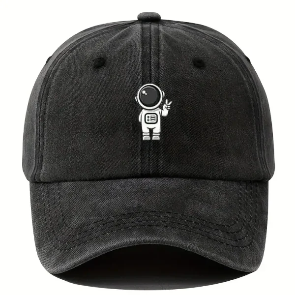 Boné preto com logotipo de astronauta branco.