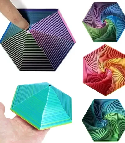 Hexágono em espiral colorido em plástico 3D, objeto científico decorativo, com padrões geométricos em degradê de cores vivas, ideal para decoração ou estudo de formas.