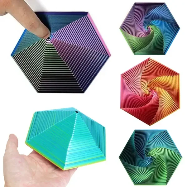 Hexágono em espiral colorido em plástico 3D, objeto científico decorativo, com padrões geométricos em degradê de cores vivas, ideal para decoração ou estudo de formas.