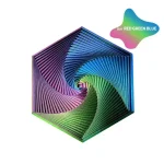 Pirâmide em plástico reciclado com padrão em espiral colorida, mistura de cores verde, azul, violeta e rosa, design geométrico moderno.