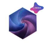 Decoração em metal em forma de espiral hexagonal com degradê de cores vermelho e azul, ideal para decoração científica ou moderna.