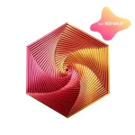 Modelo em espiral hexagonal em papel de seda vermelho dourado, ilustrando um objeto decorativo científico único.