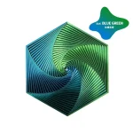 Ilustração de uma decoração científica em forma de espiral com cores azul e verde, ideal para decoração de escritório ou espaço científico.