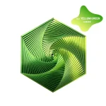 Objeto científico em silicone verde amarelo com padrão em espiral dentro de um hexágono.