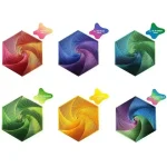 Objetos científicos, decoração, espiral, cubo, cores vivas, coleção.