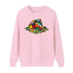 Puzzle Cubo de Rubik colorido impresso em camisola rosa pastel, estilo casual e moderno. Perfeito para amantes da ciência e decoração geek.
