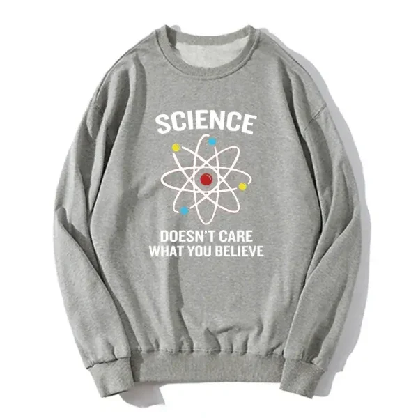 Camisola científica com padrão de átomo e slogan inspirador.