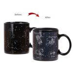 Caneca de cerâmica preta com padrões de constelações e signos do zodíaco, ideal para os amantes de astronomia e astrologia.