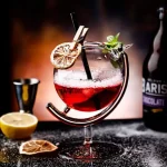 Copo de cocktail científico com guarnição de limão, hortelã e canudo, sobre um fundo escuro com acessórios de bar.