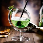 Frasco de laboratório em vidro contendo uma bebida verde gaseificada, com um canudo preto, colocado sobre uma mesa de madeira, decoração científica ao fundo.