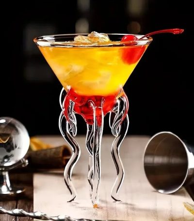 Copo de cocktail científico com decoração em forma de tentáculos em vidro transparente, preenchido com um cocktail amarelo-laranja com cereja, ambiente de bar moderno.