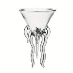 Vaso de vidro transparente com tentáculos decorativos suspensos, ideal para uma decoração científica ou marinha.
