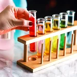 Vitrine de madeira com tubos de ensaio coloridos para experiências científicas ou decoração.