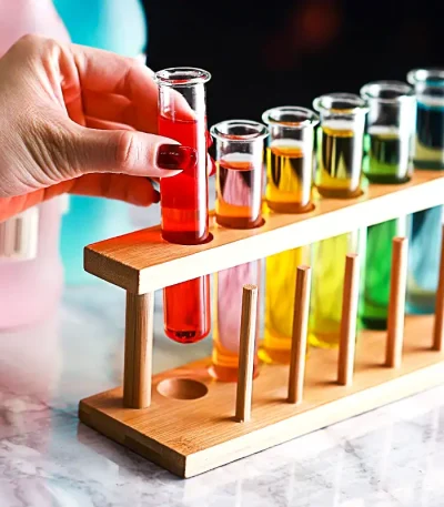 Vitrine de madeira com tubos de ensaio coloridos para experiências científicas ou decoração.