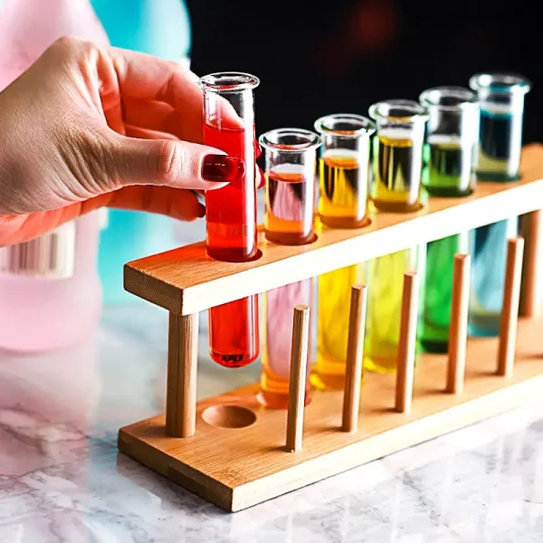 Vitrine de madeira com tubos de ensaio coloridos para experiências científicas ou decoração.