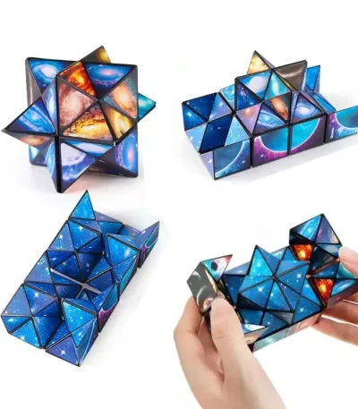 Conjunto de cubos magnéticos com padrões galácticos, perfeitos para decoração e estimulação mental, ideal para amantes da ciência e astronomia.