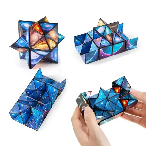 Conjunto de cubos magnéticos com padrões galácticos, perfeitos para decoração e estimulação mental, ideal para amantes da ciência e astronomia.