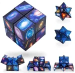 Cubo em galáxia com padrões cósmicos, formas geométricas luminosas, decoração científica, objeto decorativo, quebra-cabeça cósmico, decoração interior, ciência e universo.