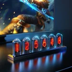 Porta-números luminosos com tubos neon e números vermelhos, exibindo uma sequência numérica. Ideal para decoração científica ou industrial, trazendo um toque retrô e moderno.