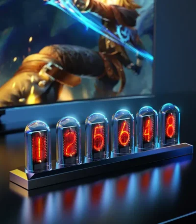 Porta-números luminosos com tubos neon e números vermelhos, exibindo uma sequência numérica. Ideal para decoração científica ou industrial, trazendo um toque retrô e moderno.