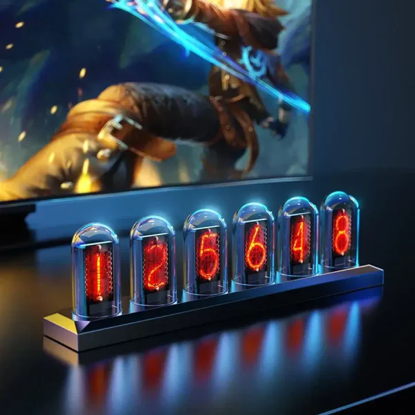 Porta-números luminosos com tubos neon e números vermelhos, exibindo uma sequência numérica. Ideal para decoração científica ou industrial, trazendo um toque retrô e moderno.