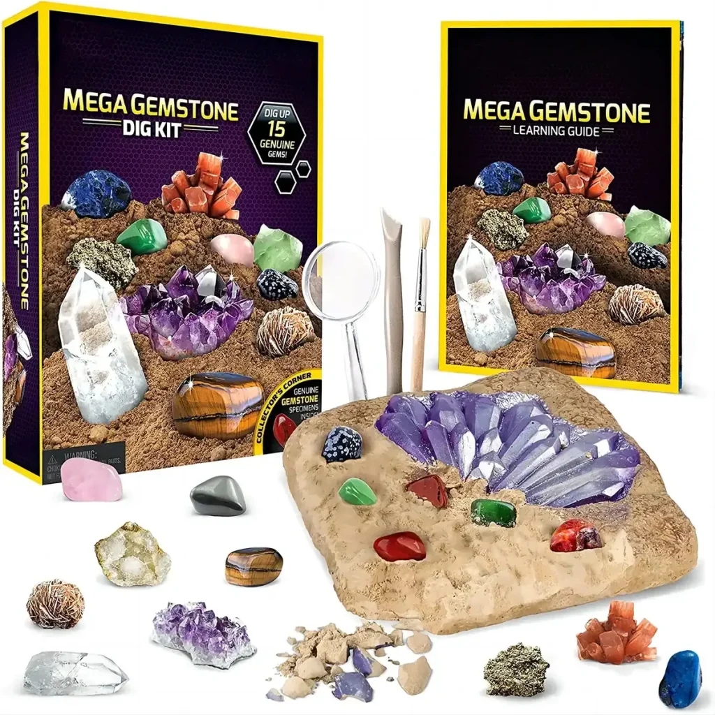 Kit geodo de cristais com pedras coloridas, ferramentas para explorar e aprender a ciência dos minerais.