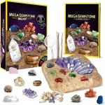 Kit geodo de cristais com pedras coloridas, ferramentas para explorar e aprender a ciência dos minerais.